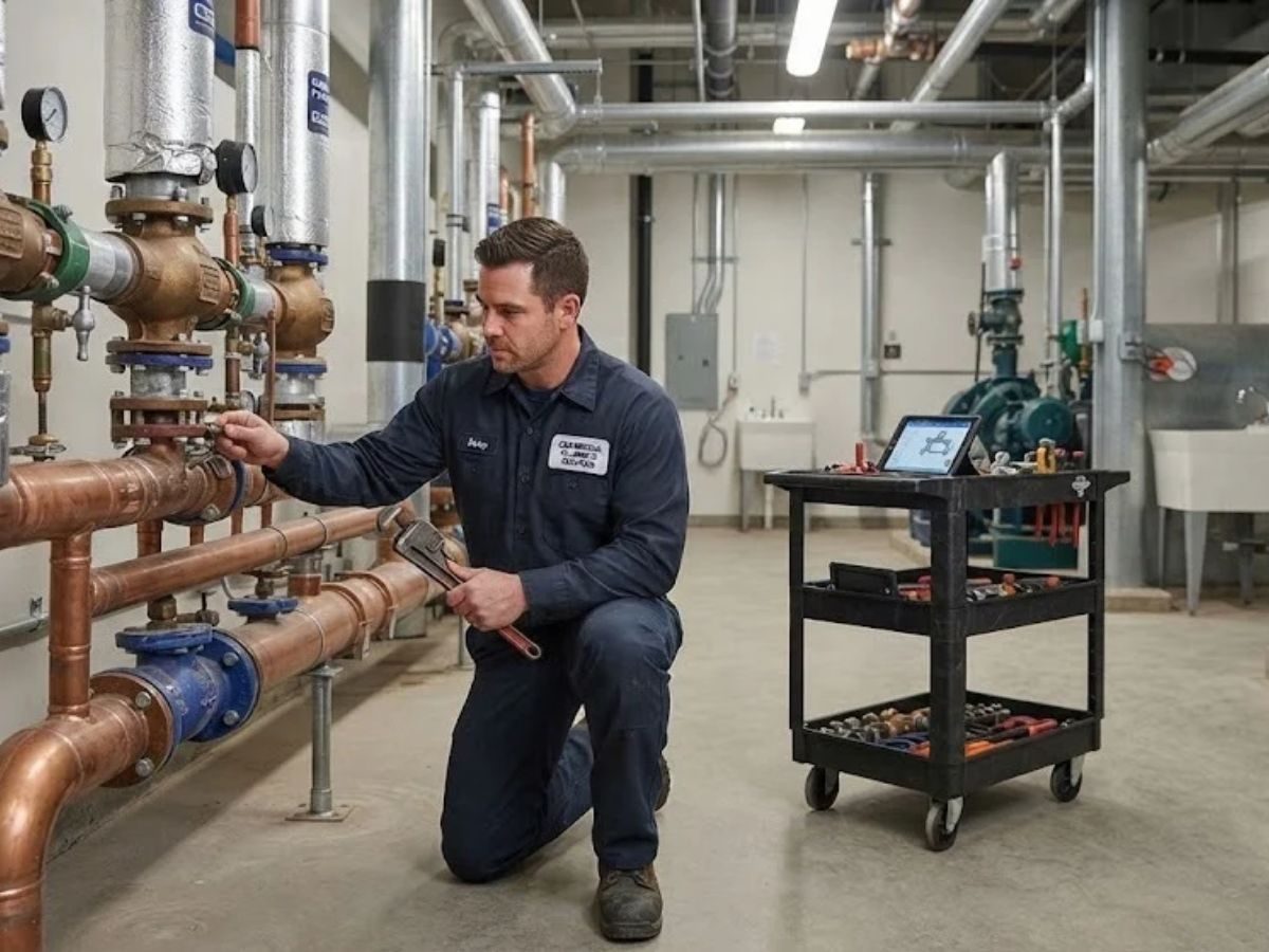 Plumbing technician working in a commercial building setting