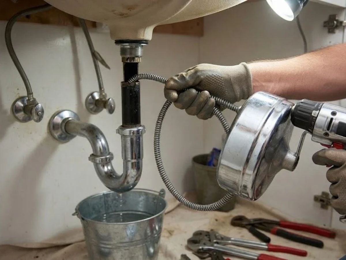 Drain snake tool in use clearing a clogged drain