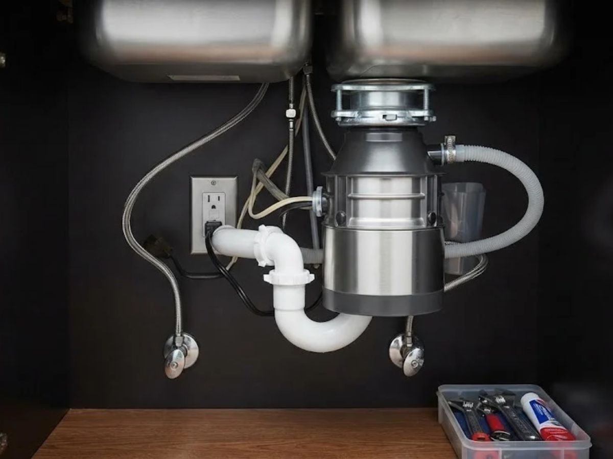 Garbage disposal unit being installed under a kitchen sink