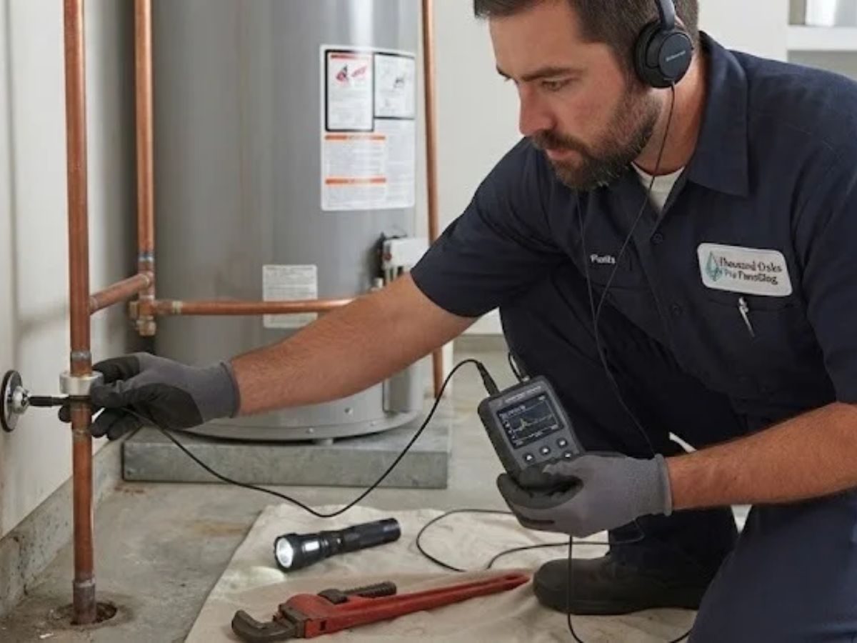 Plumber using electronic leak detection equipment
