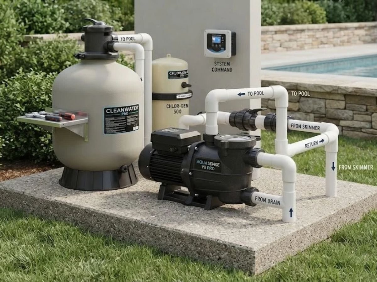 Residential pool equipment pad with pump and filter