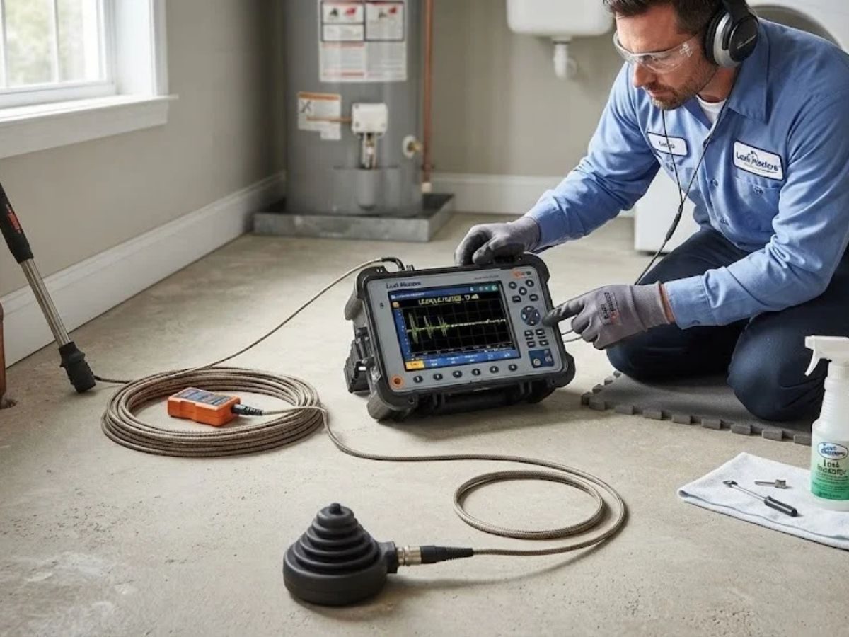 Slab leak detection equipment near a concrete floor