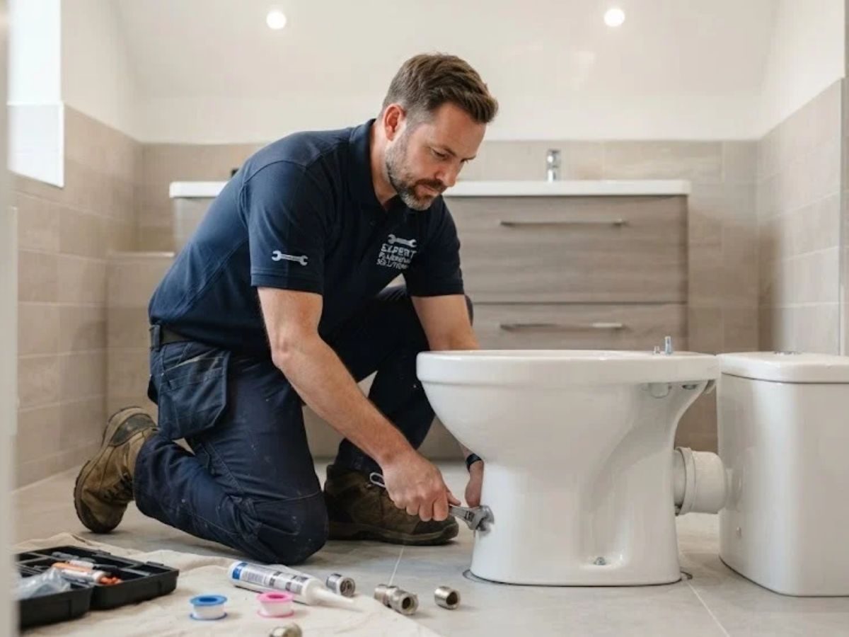 Toilet being installed in a bathroom
