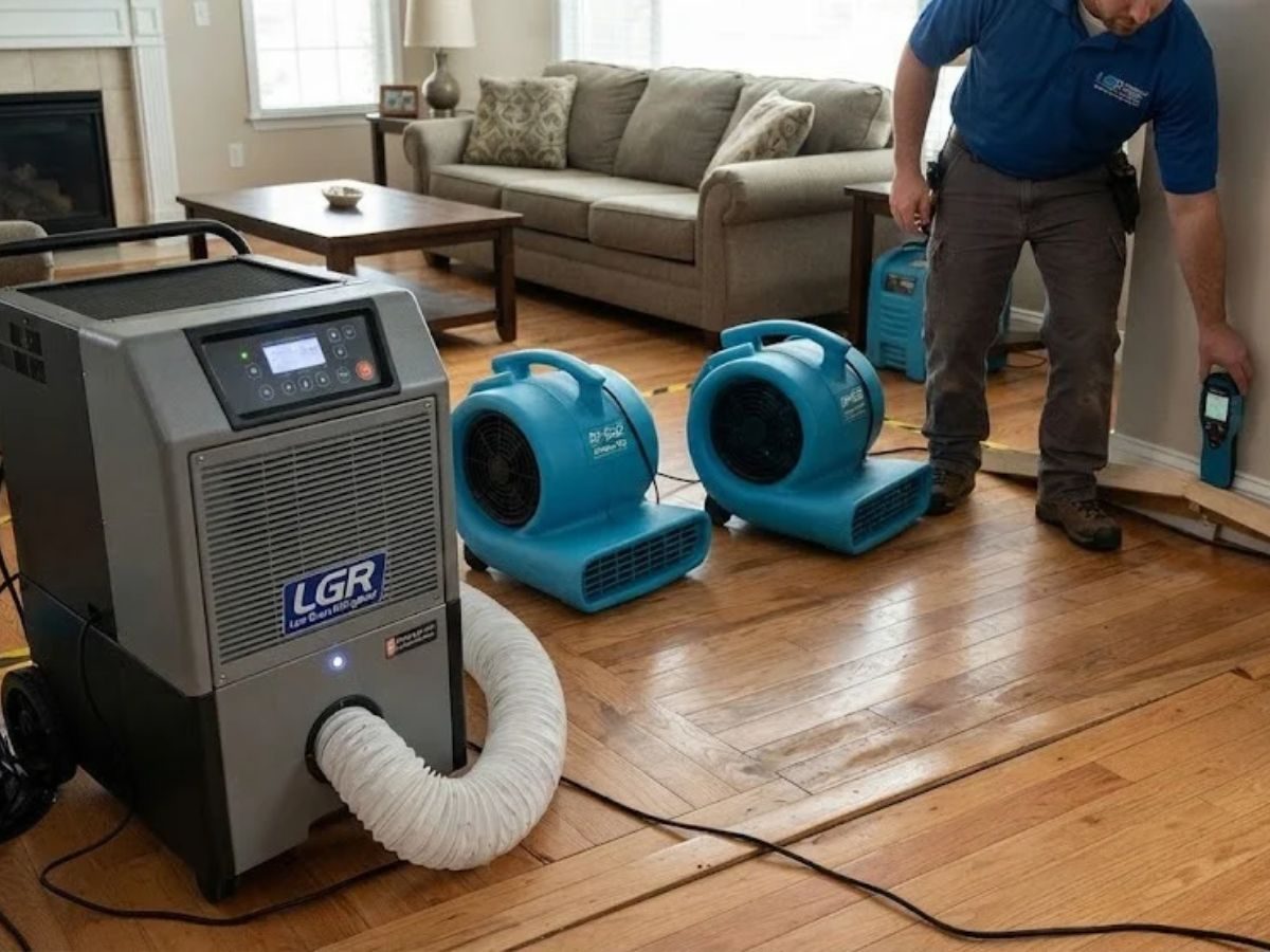Professional water extraction and drying equipment set up during water damage restoration