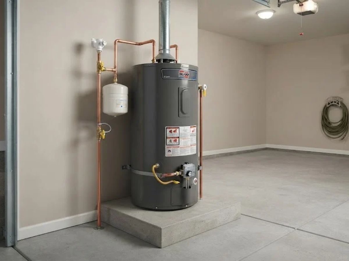 Tank water heater installed in a garage during a replacement