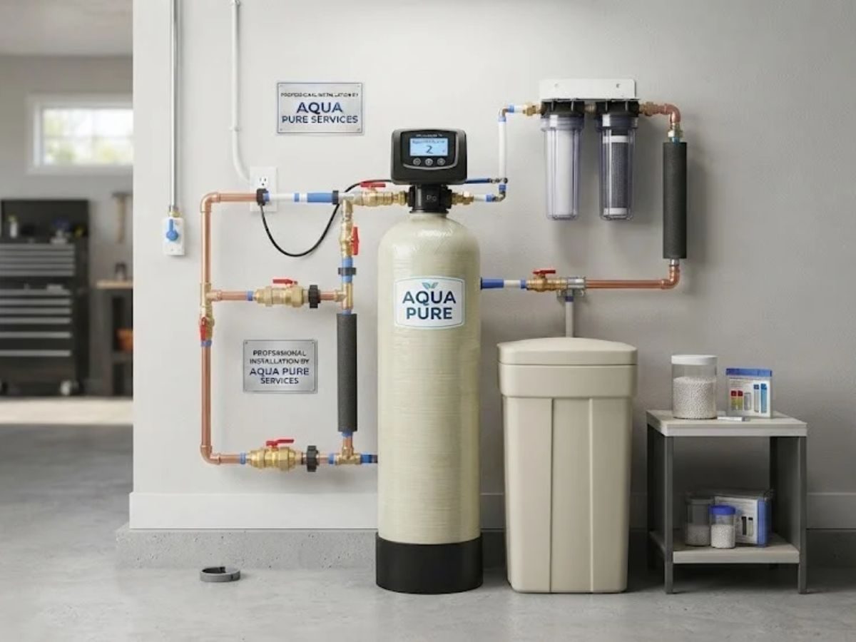 Water softener system installed in a garage